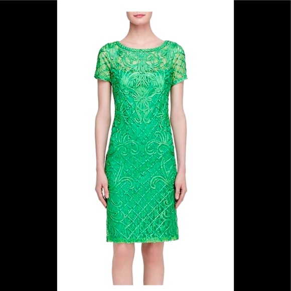 🎉 HP 🎉 NEW Sue Wong Embroidered Emerald Green Lace Sheath Cocktail Dress - Picture 6 of 9